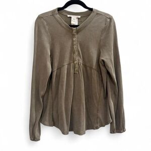 Babydoll Olive Green Long Sleeve Top sz L Henley Waffle Knit Y2K